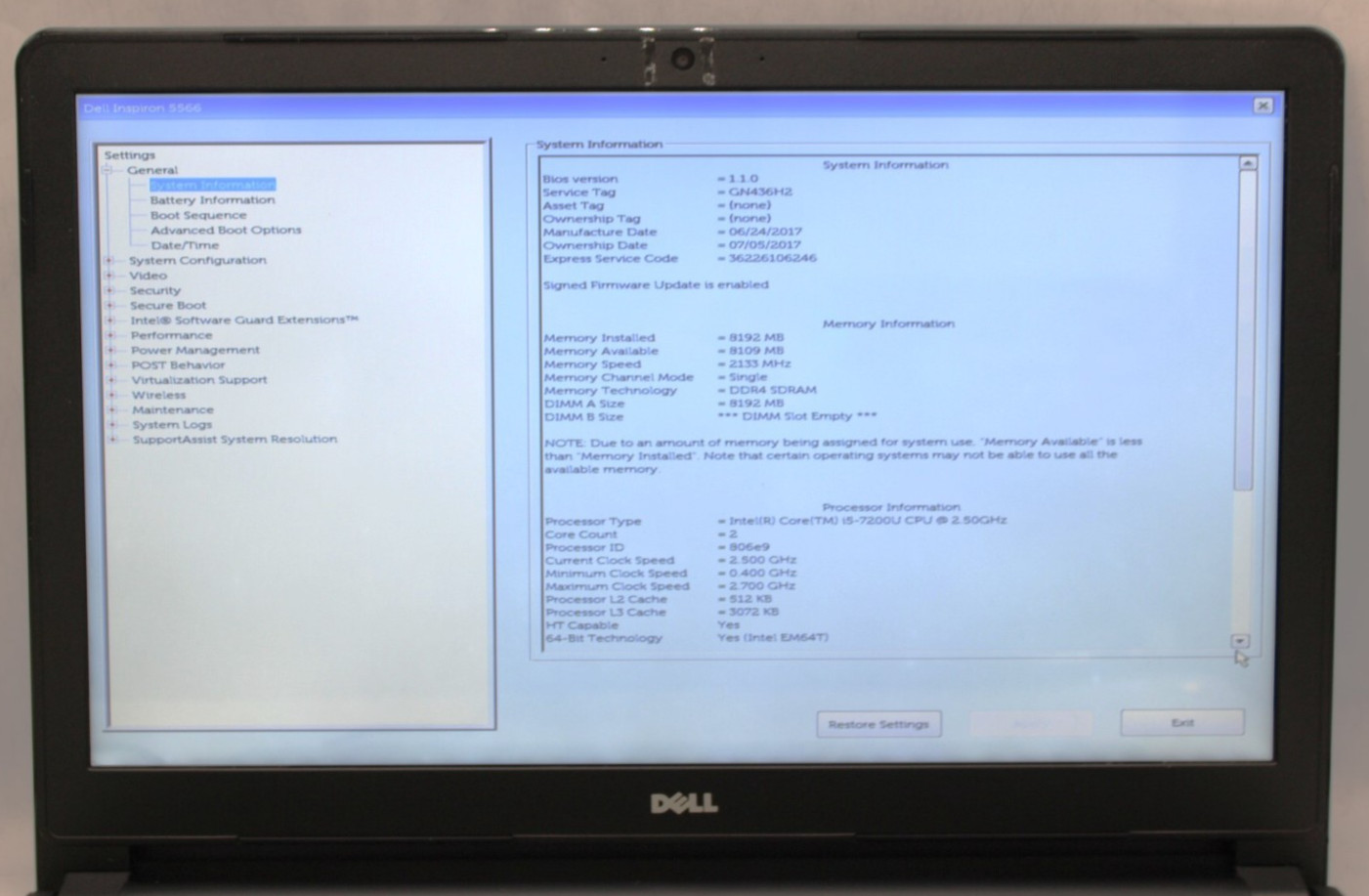 Dell Inspiron 15 5566-i5-7200U@2.5GHz-8GB DDR4 RAM-240GB SATA-NO OS*USED/TESTED*
