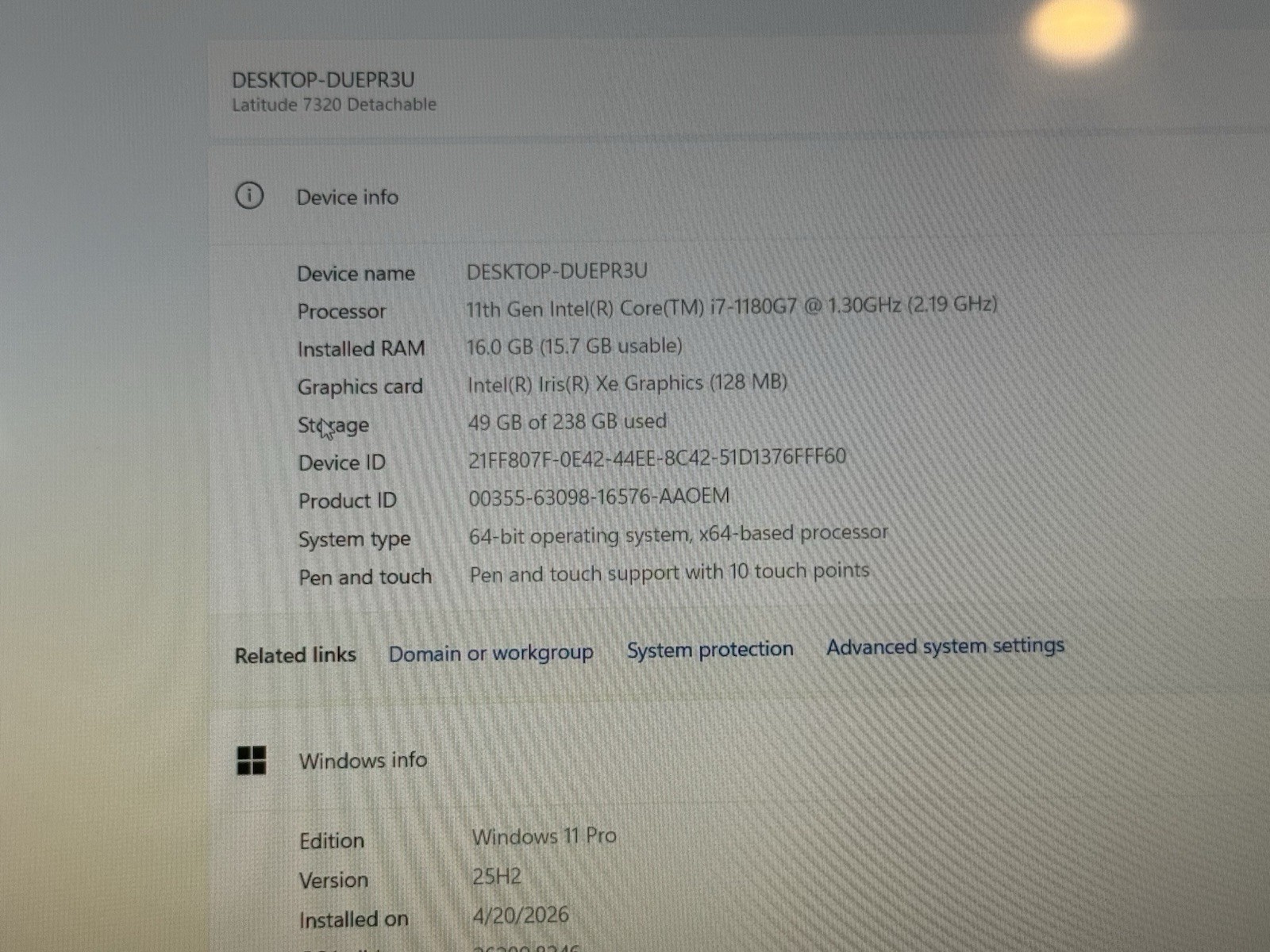 Dell Latitude 7320 Detachable Touchscreen i7-1180G7 16GB RAM 256 SSD Window 11p