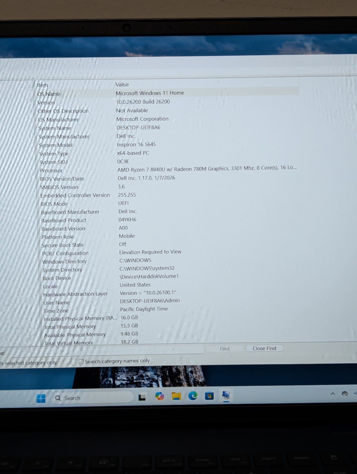 Dell Inspiron 16 5645 Ryzen 7 8840U 16GB DDR5 1TB SSD Very Good