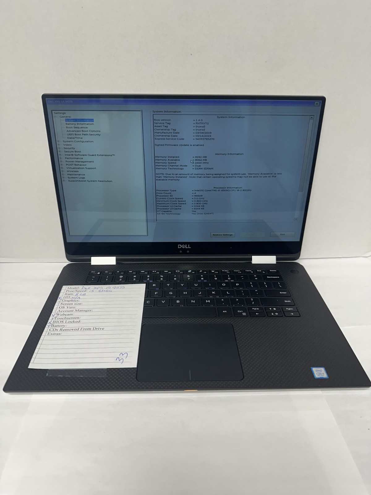 Dell XPS 15 9575 i5-8th Gen/8GB RAM No HDD (No OS or Charger) Read Desc.