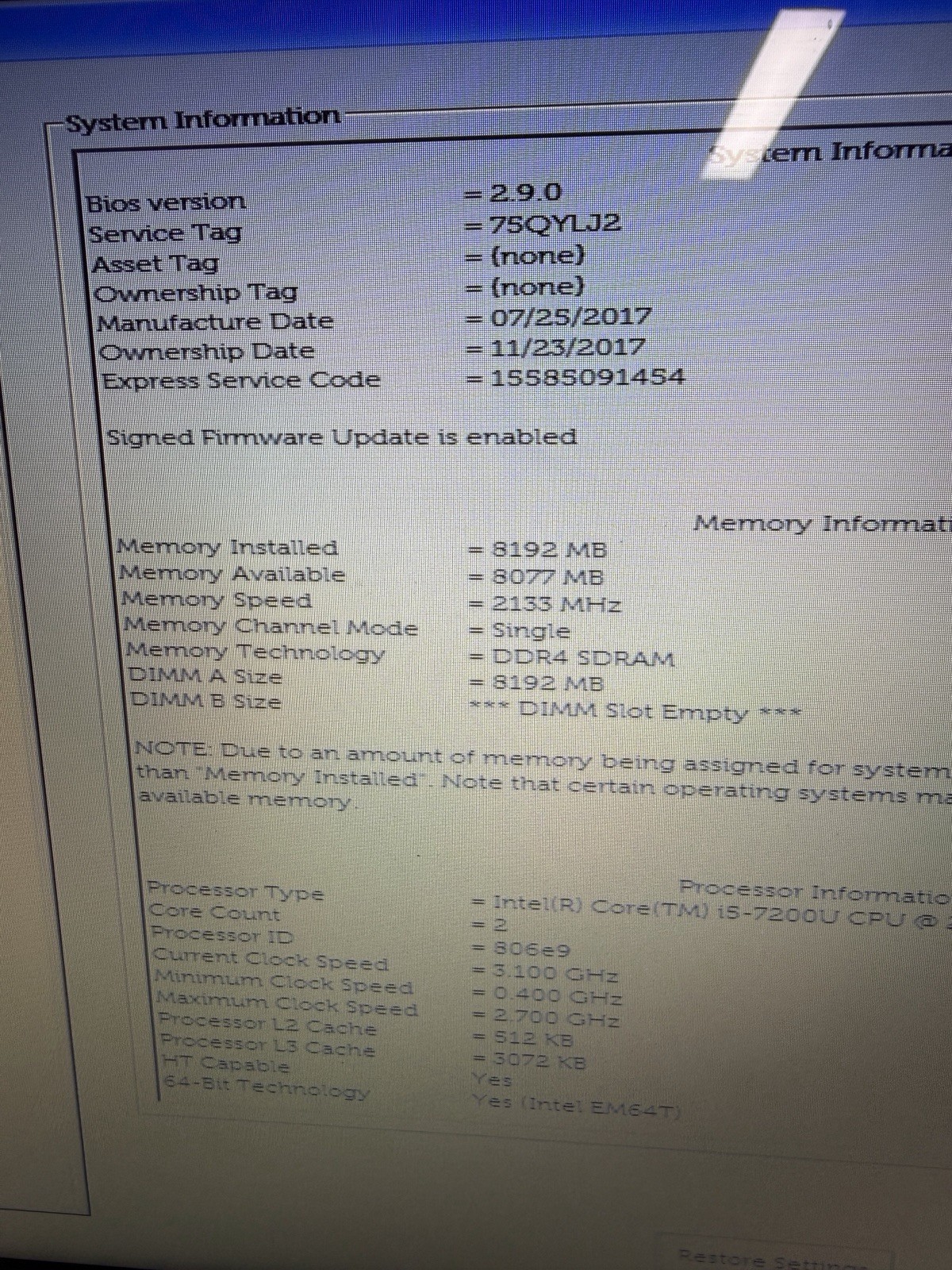 Dell Inspiron 15 3567 15in i5 8th Gen No hard Drive for Parts and Repair