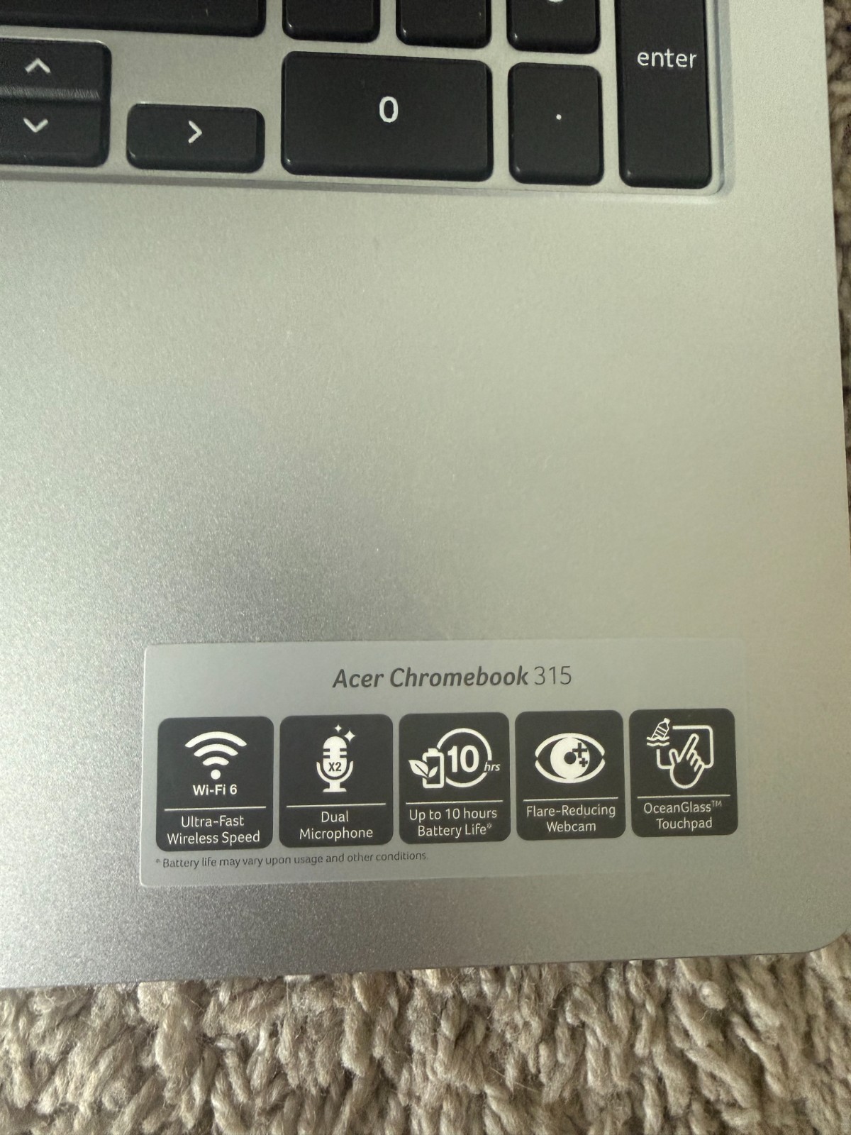 Acer Chromebook 315 with computer sleeve, charger, included a Skilcraft keyboard