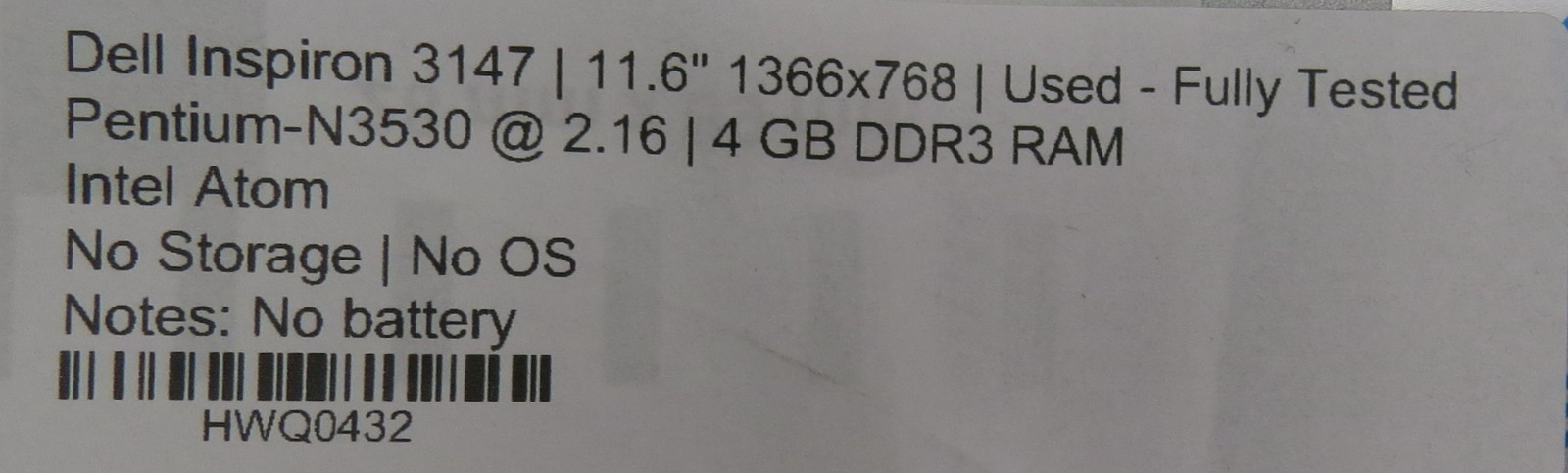 Dell Inspiron 3147/11.6″ Pentium-N3530 @2.16GHz/4GB DDR3 RAM/No Storage/No OS