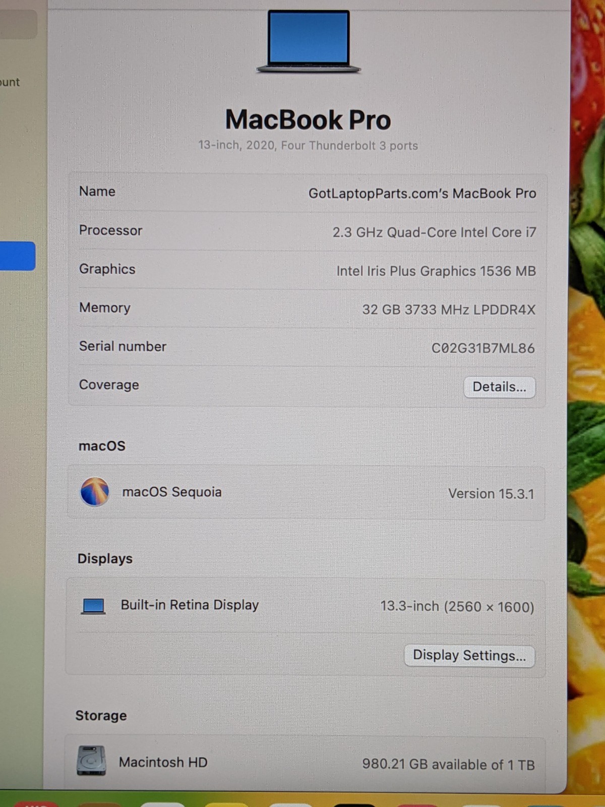 Apple MacBook Pro 13″ (2020) A2251 / BTO Core i7-1068NG7 2.3GHz 32GB 1TB SSD +PA
