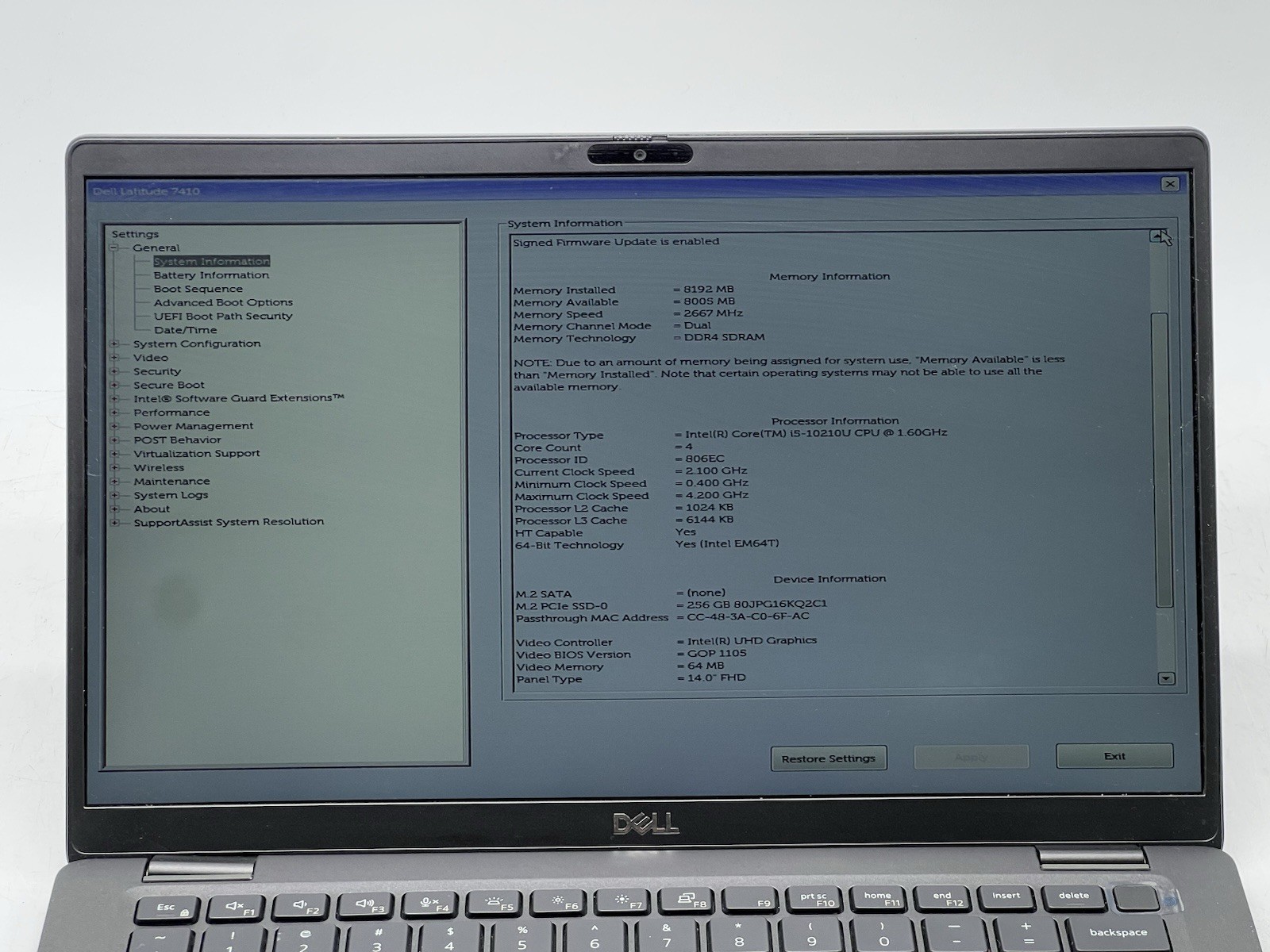 Dell Latitude 7410, i5-10210U CPU, @ 1.60GHz, 8GB RAM, 256GB NVMe-No OS/AC