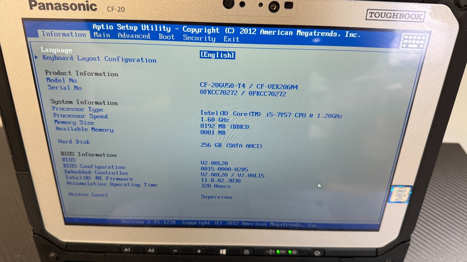 Panasonic Toughbook CF-20 Mk 2 i5-7Y57 8GB RAM 256GB GPS LTE 2 BAT 7th Gen