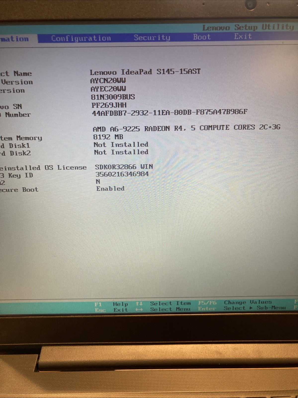 Lenovo IdeaPad S145-15AST AMD A6-9225 W/RADEON R4 8GB NO HDD/OS