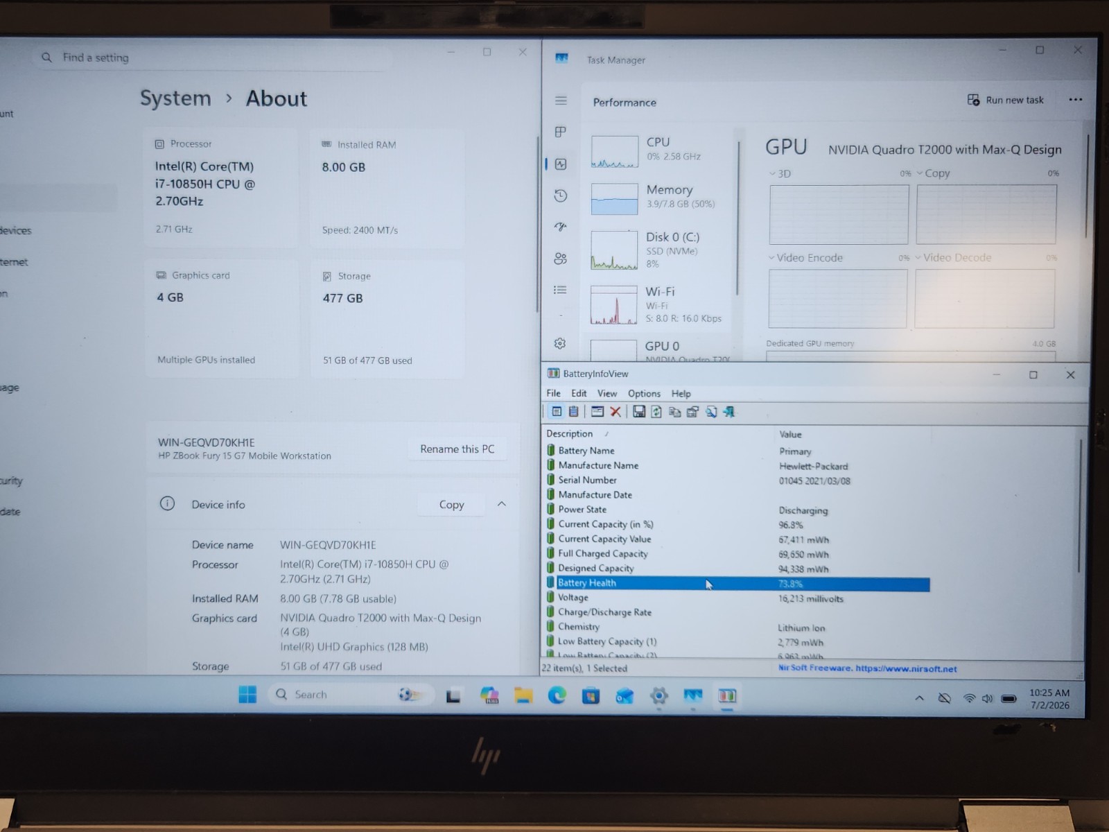 HP ZBook Fury 15 G7 15.6″ i7-10850H 2.7GHz 8GB RAM 512GB SSD W11P Quadro T2000