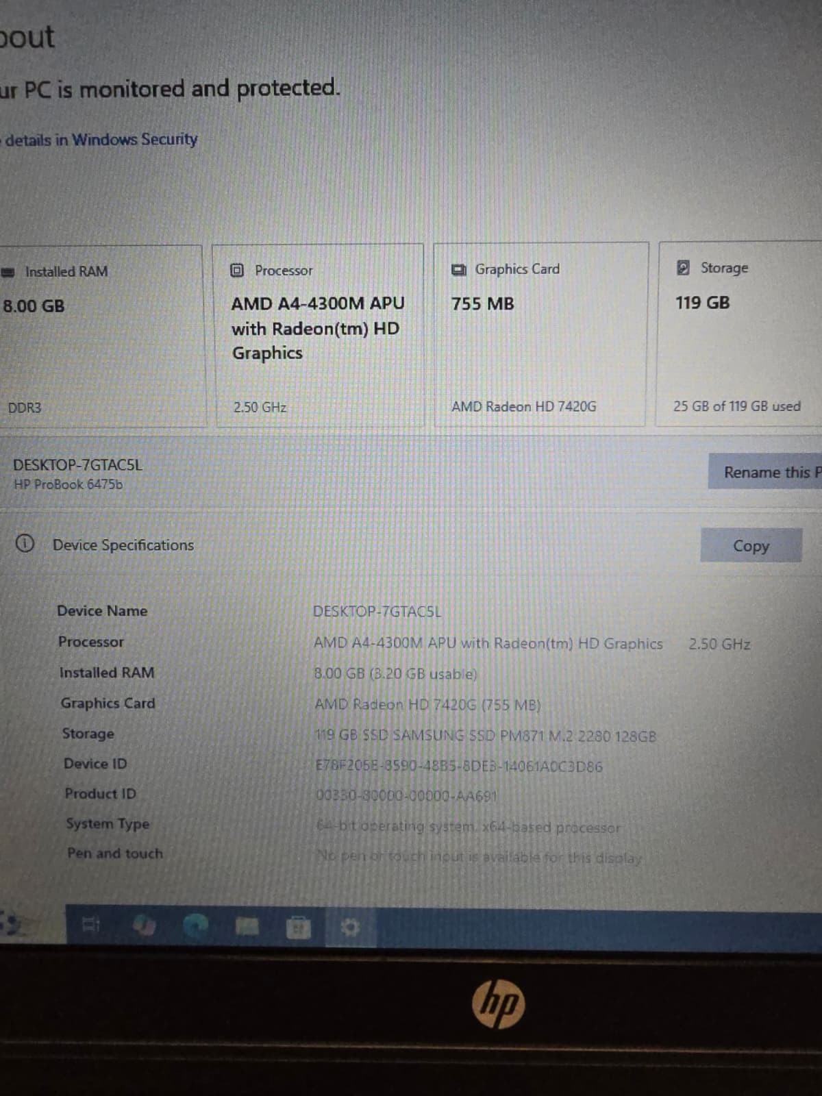 HP ProBook 6475B | A4-4300M 8GB RAM 128GB SSD | HD+ Windows 10 Pro | DVD-RW