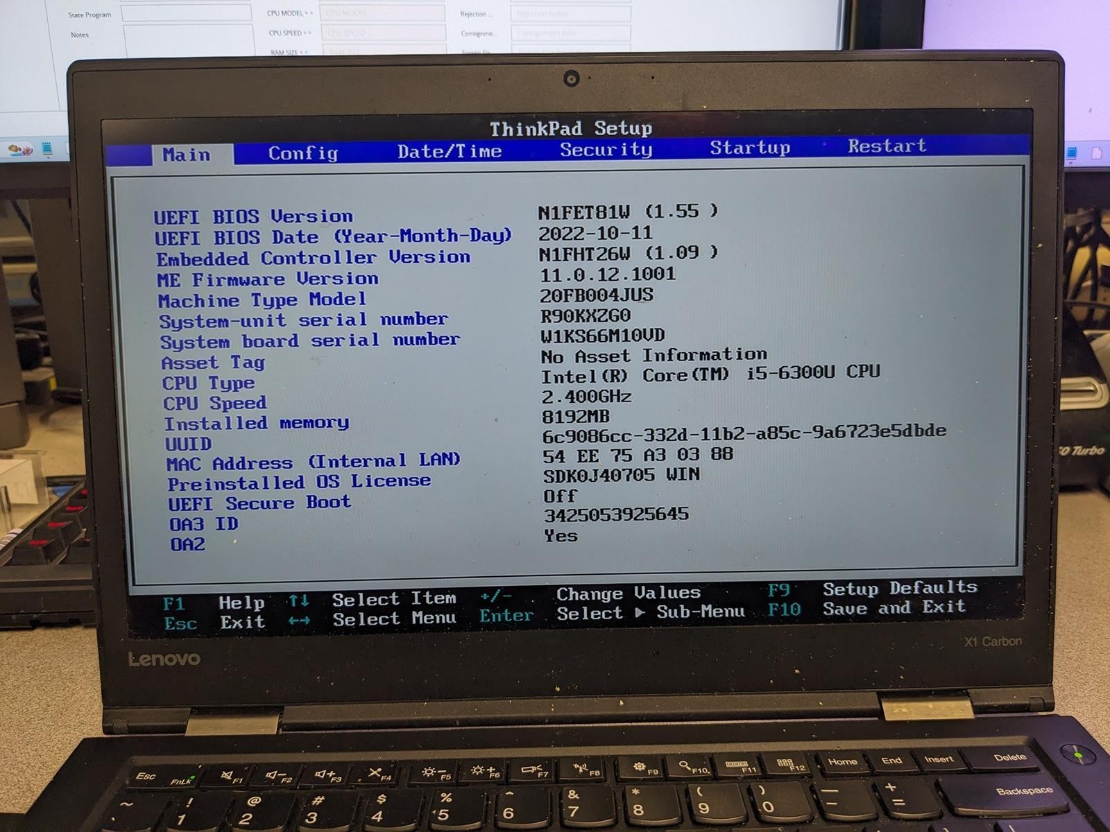 LENOVO THINKPAD X1 CARBON 4TH GEN i5-6300U @ 2.40GHz, 8GB RAM, NO HDD/OS