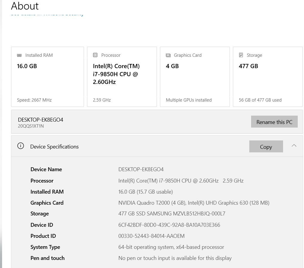 Lenovo Thinkpad P53 i7-9850h NVIDIA Quadro T2000 500GB SSD