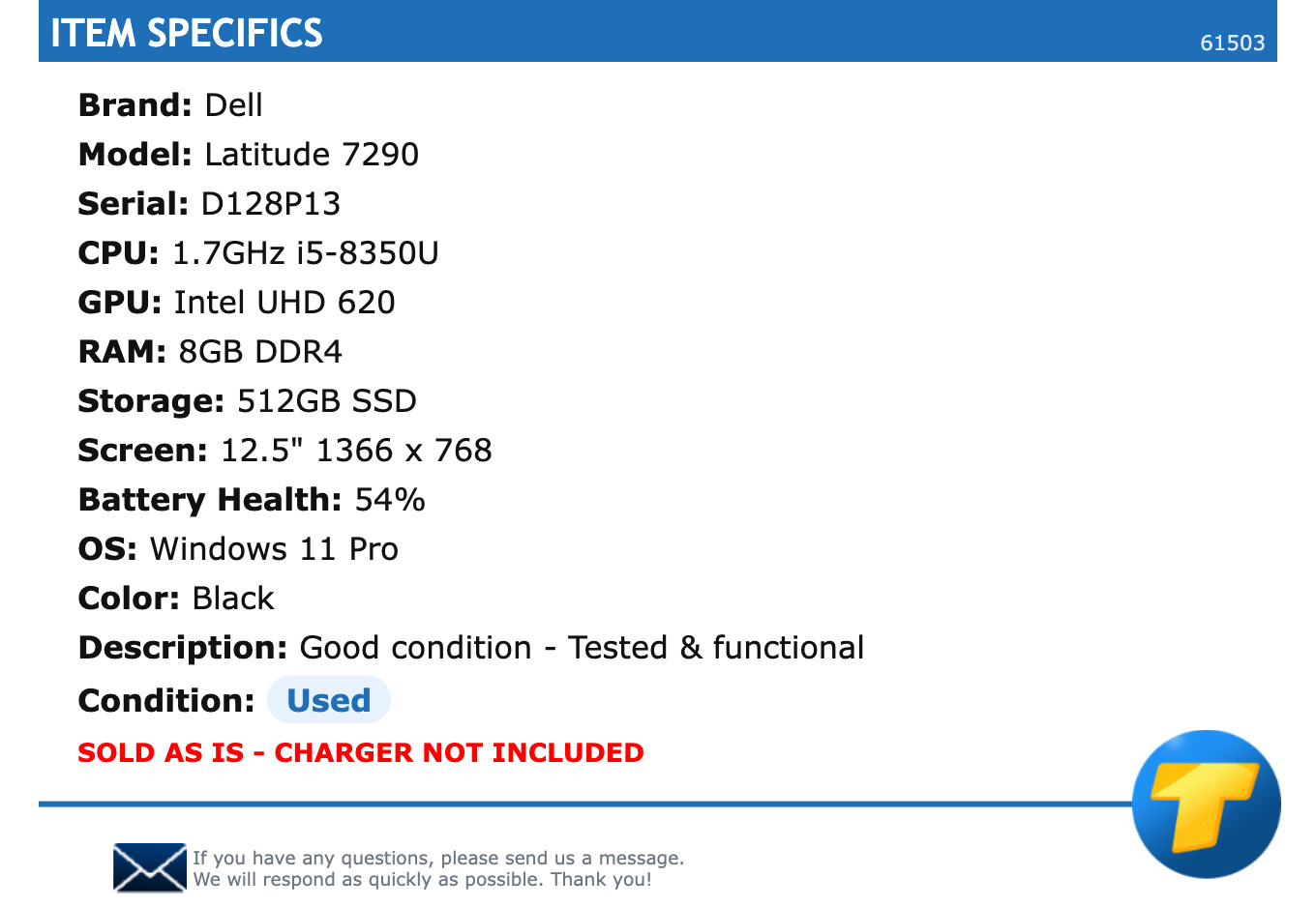 Dell Latitude 7290 – 12.5″ HD, 1.7GHz i5, 8GB RAM, 512GB SSD, Windows 11 Pro