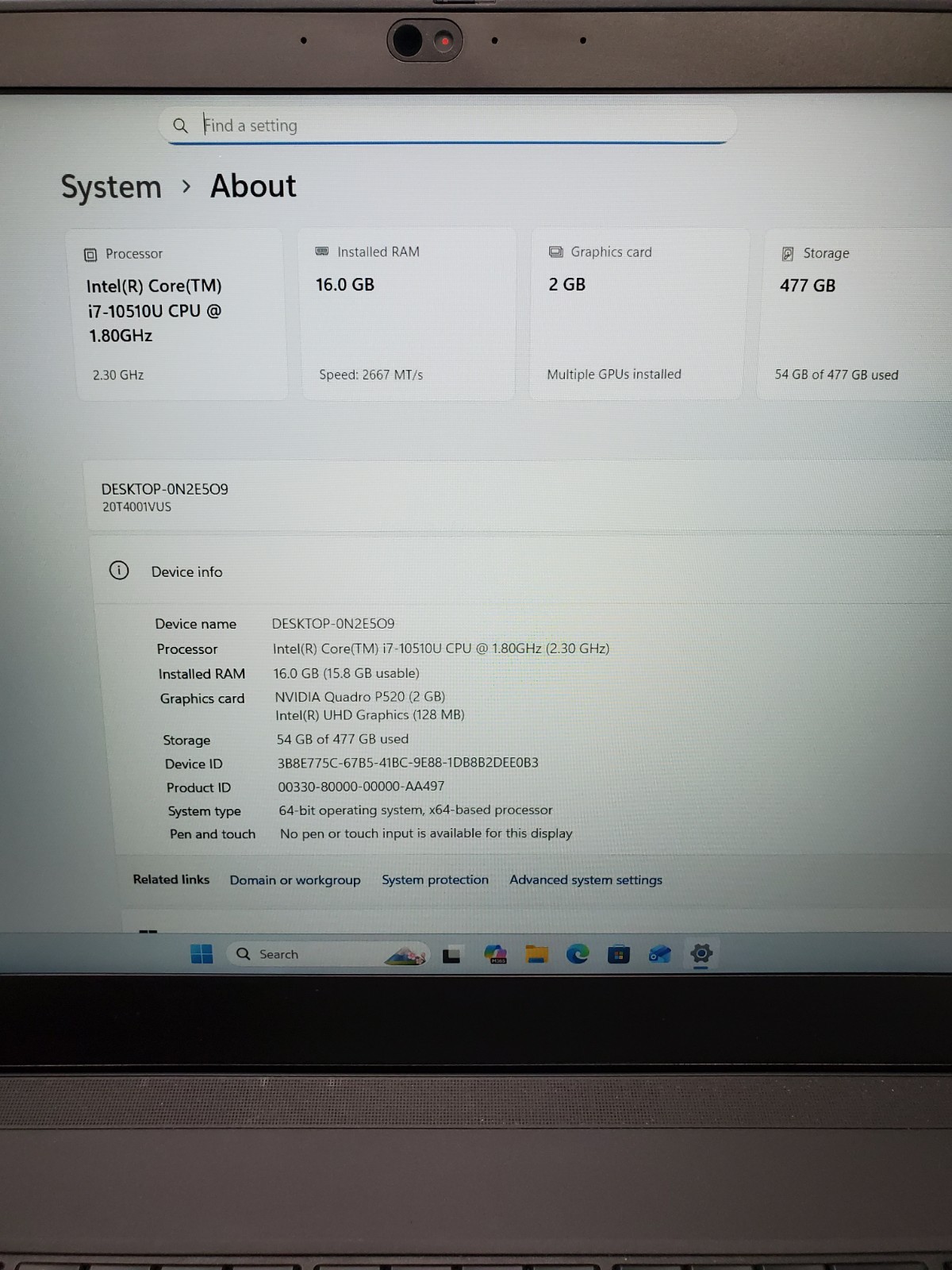 Lenovo ThinkPad P15s Gen1 Core i7-10510U @ 1.80GHz 16GB RAM 512GB Windows 11 Pro