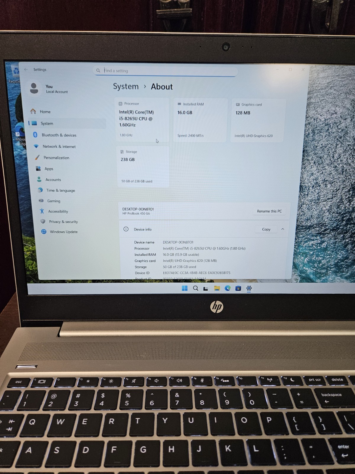 HP ProBook 450 G6 15.6″ Core i5-8265U @ 1.60GHz 16GB RAM 256GB SSD Win11 Pro