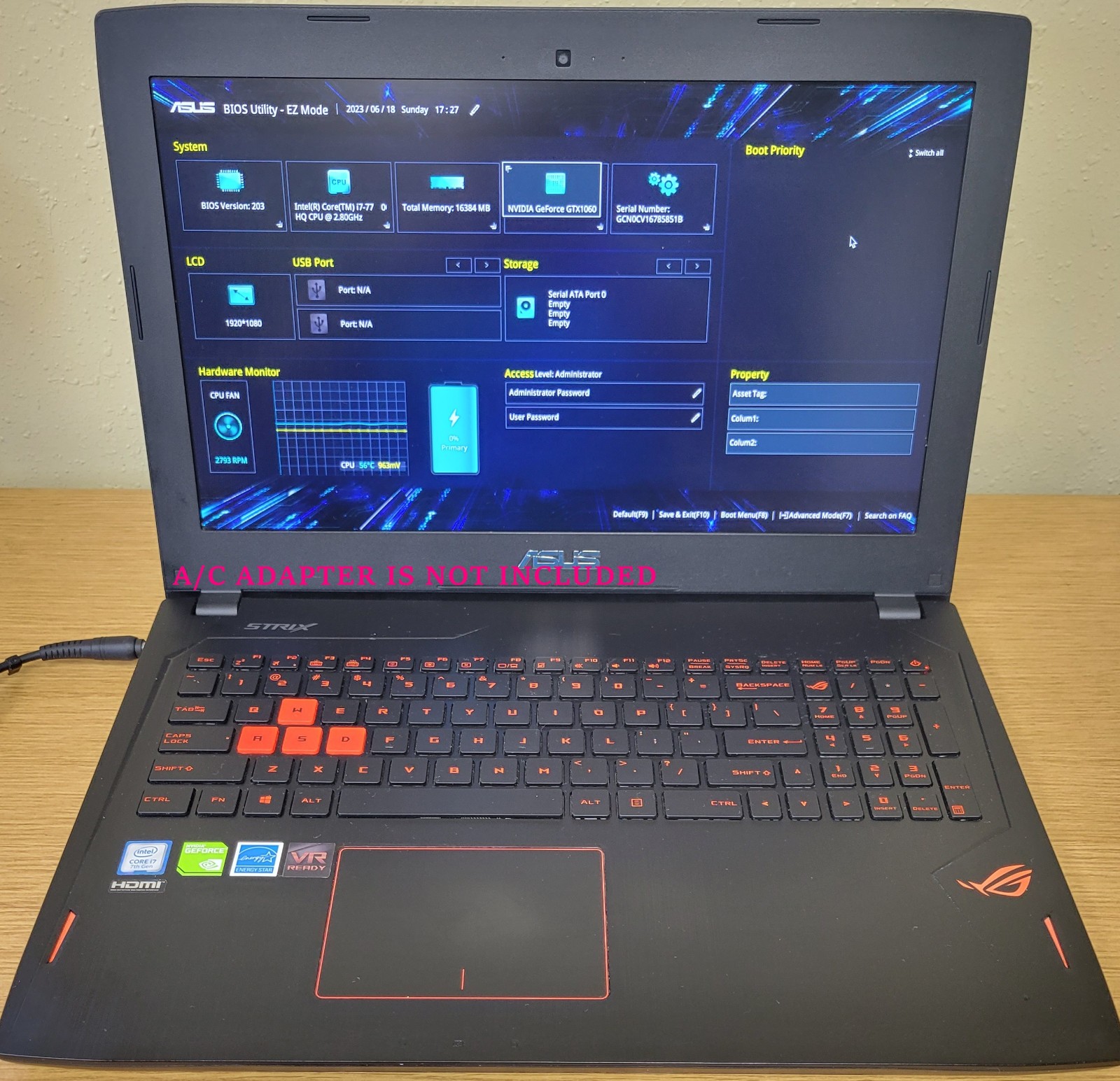 Asus Strix Gaming Laptop GL502VMK i7-7700HQ 2.80GHz 16GB Gtx 1060 No OS/SSD