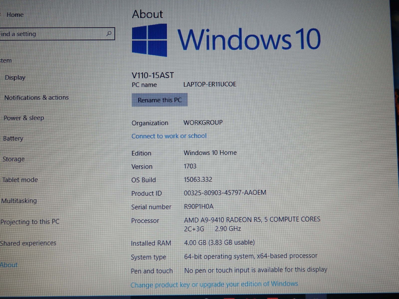 Lenovo V110-15AST, AMD A9-9410, 4GB Ram, 500GB HDD, 15.6″ inch HD, AMD Radeon R5