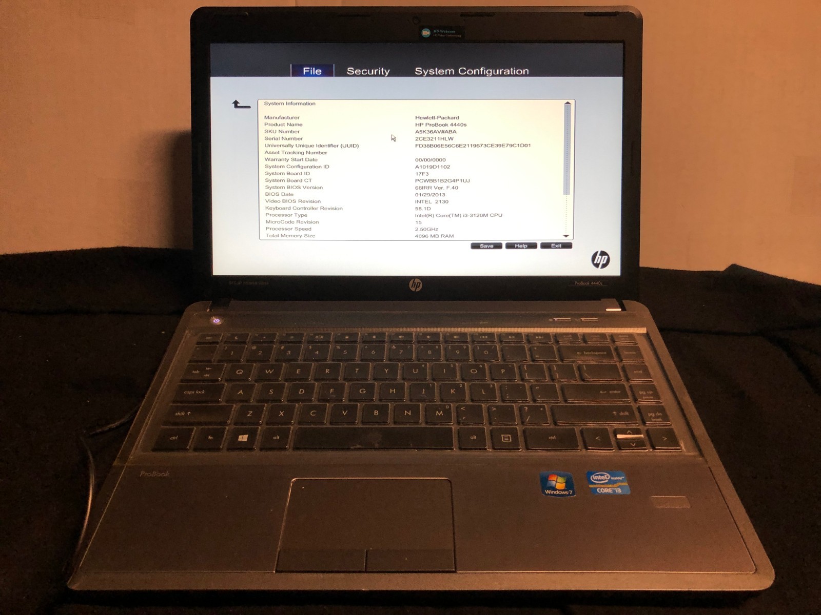 HP ProBook 4440s Laptop i3-3120M 2.5GHz 4GB RAM NO HDD/Battery – Boots to Bios