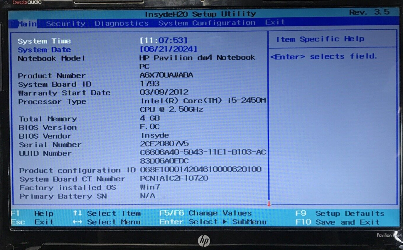 HP Pavilion dm4 14″ Intel i5-2450m 2.5GHz 4GB RAM Boot to BIOS