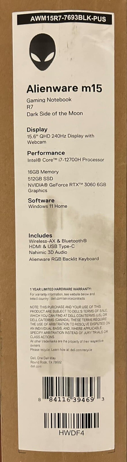 New! Alienware M15 R7 15.6″ QHD 240Hz i7-12700H 16GB RTX 3060 512G Gaming Laptop