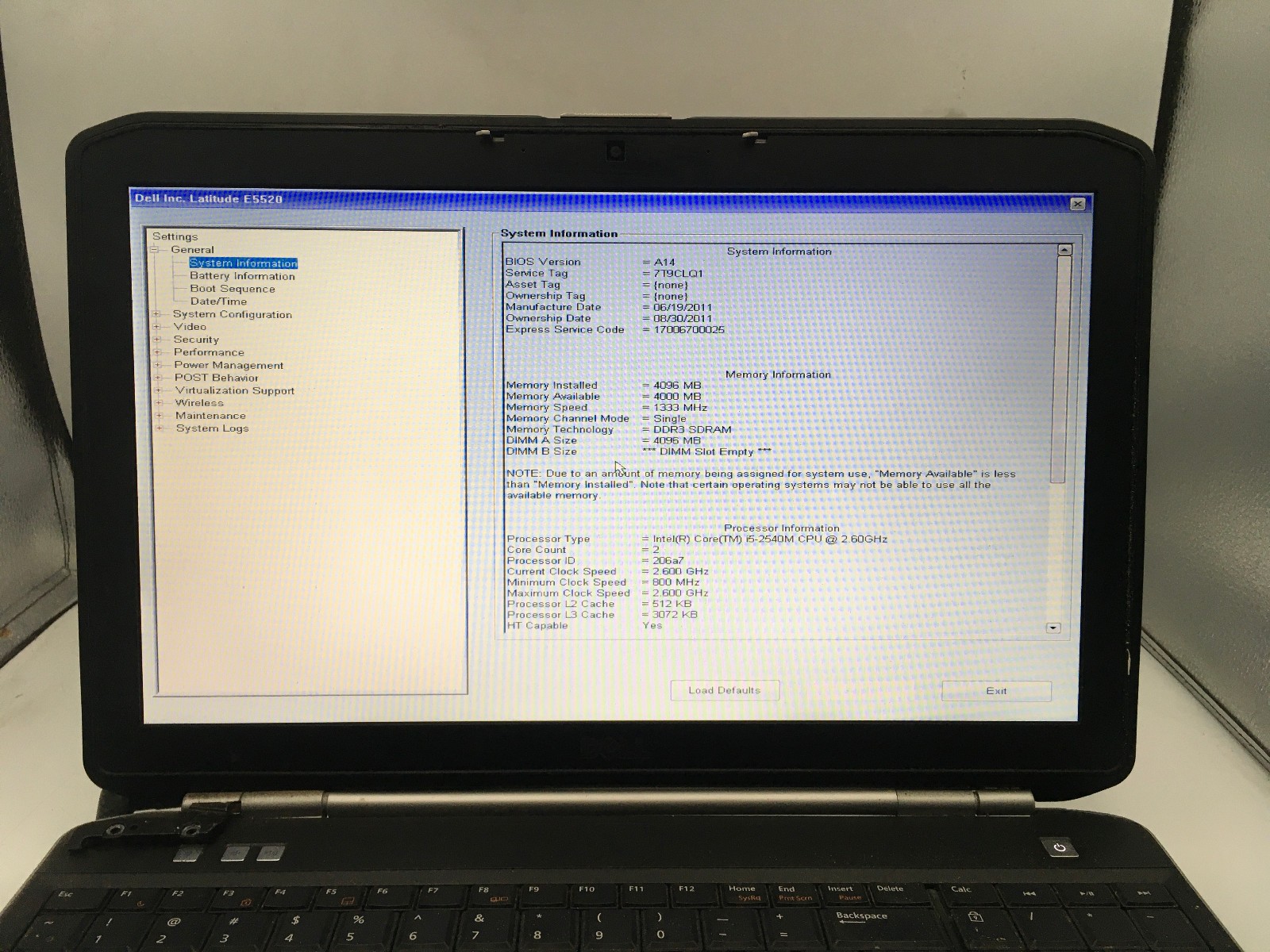 DELL LATITUDE E5520 – BOOTS TO BIOS – INTEL I5 2540 – NO RAM – READ DESCRIP -BB