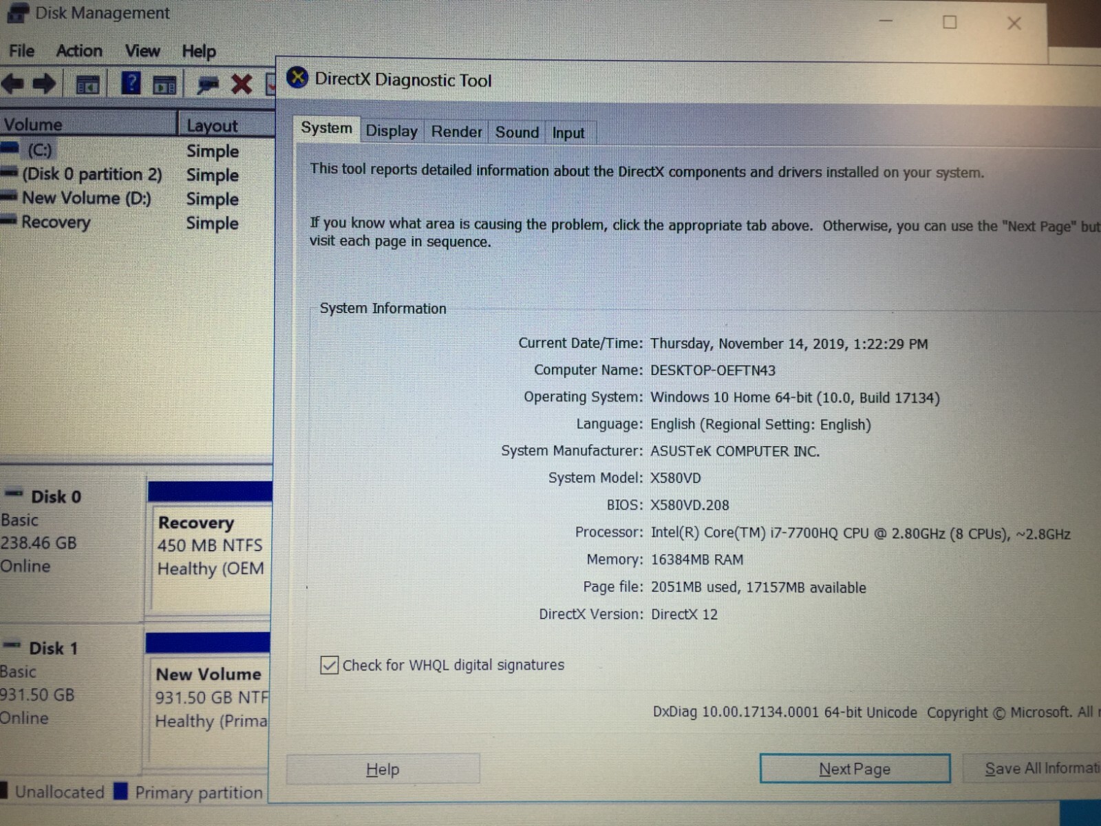 *Bad Battery*ASUS VivoBook Pro N580V 15.6 Laptop/i7-7700HQ/16G/1TB HDD+256GB SSD