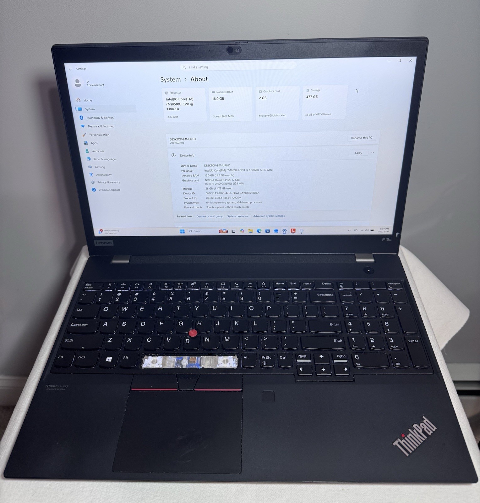 LENOVO ThinkPad P15s Gen1 i7 15.6″ 16GB RAM 512GB SSD WIN11P NVIDIA Quadro P520
