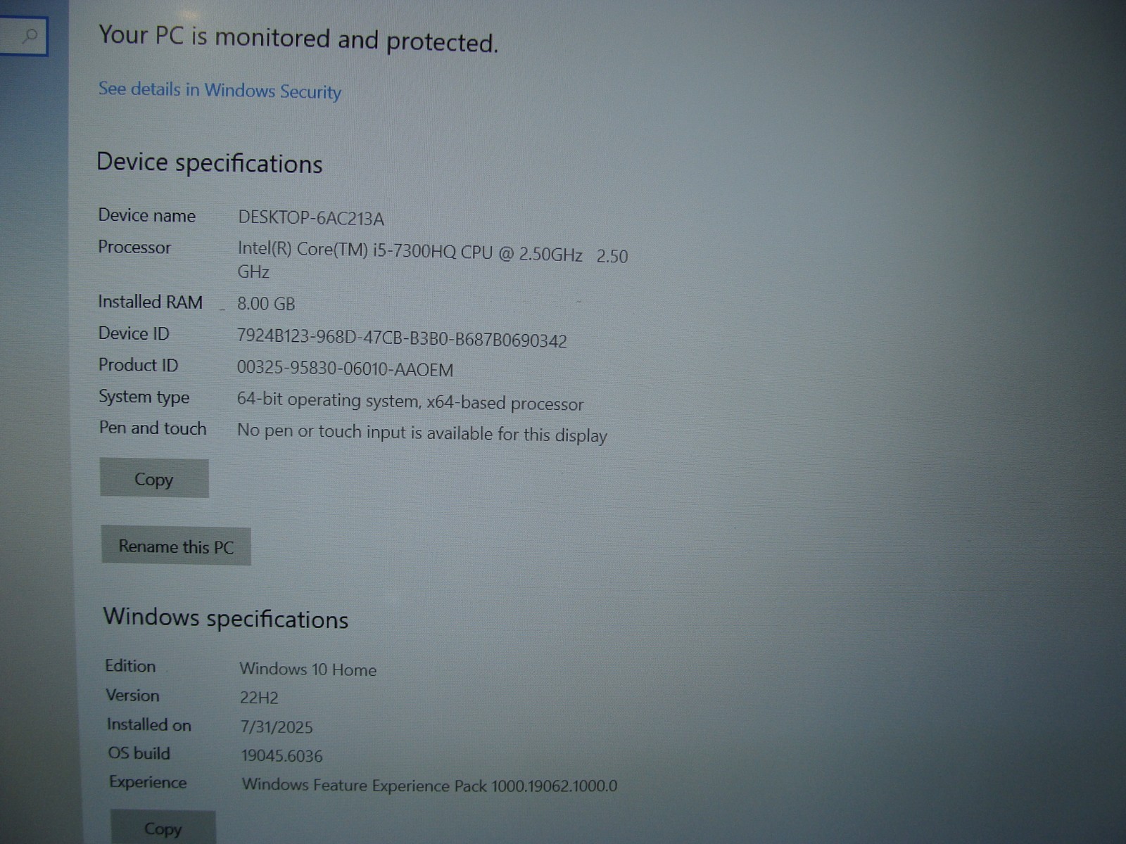 MSI GL62M 7RD 15.6” FHD core i5-7300HQ 2.5GHz 8GB 256GB GTX 1050 Battery 91%
