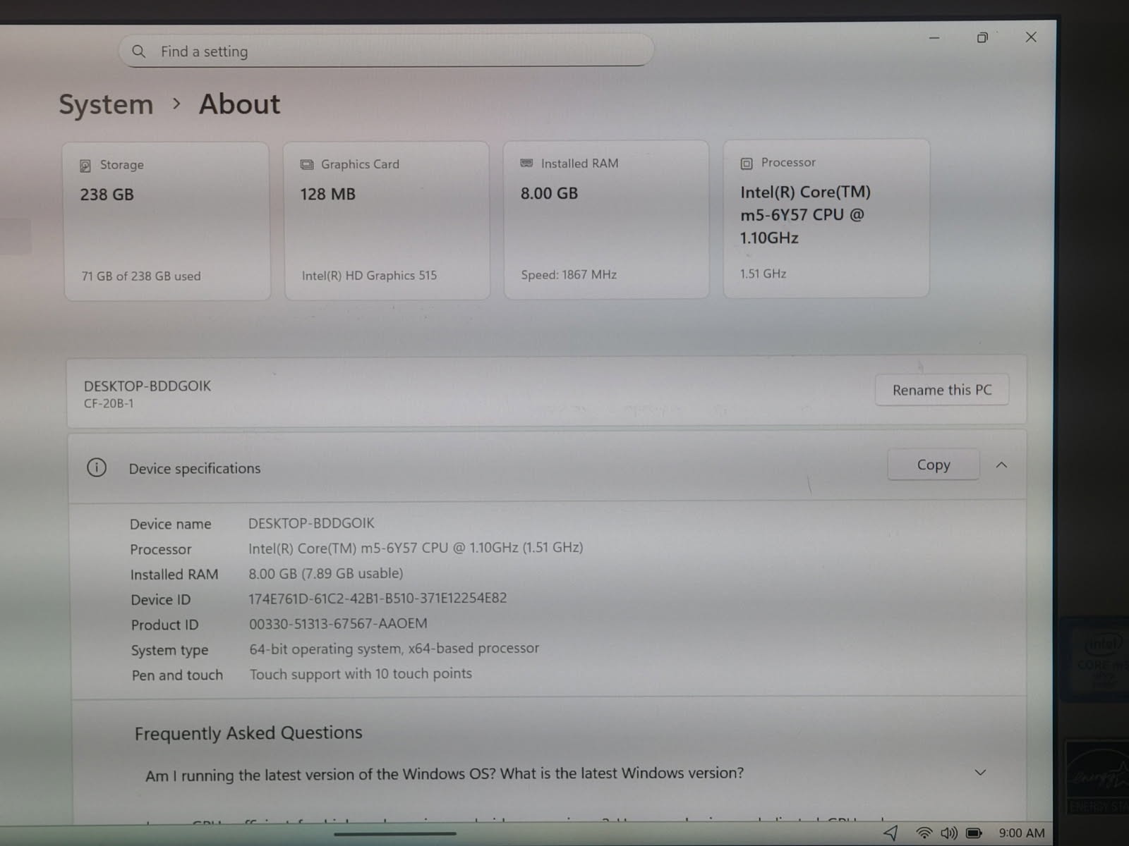Panasonic CF-20 Core M5-6Y57 8GB RAM 256GB Hard Drive MK1 *PLEASE READ*