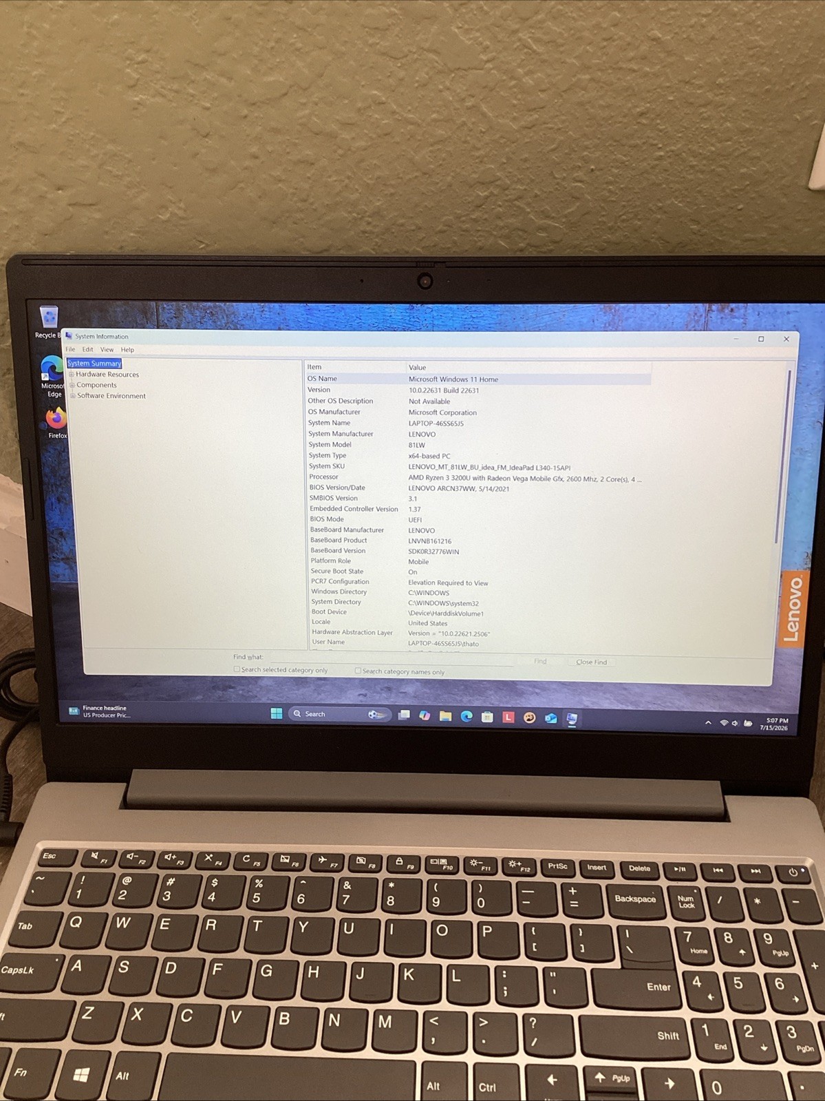 Lenovo IdeaPad L340-15API AMD Ryzen 3 3200U 2.6GHz 8 GB 1tb Hard Drive.
