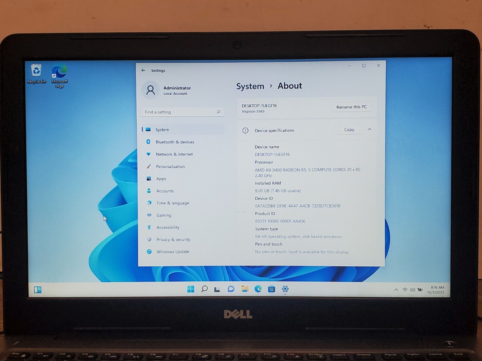 Dell Inspiron 5565 AMD A9-9400 2.4 GHz 8 GB RAM 1 TB HDD 15.6″ READ JW4JYL2