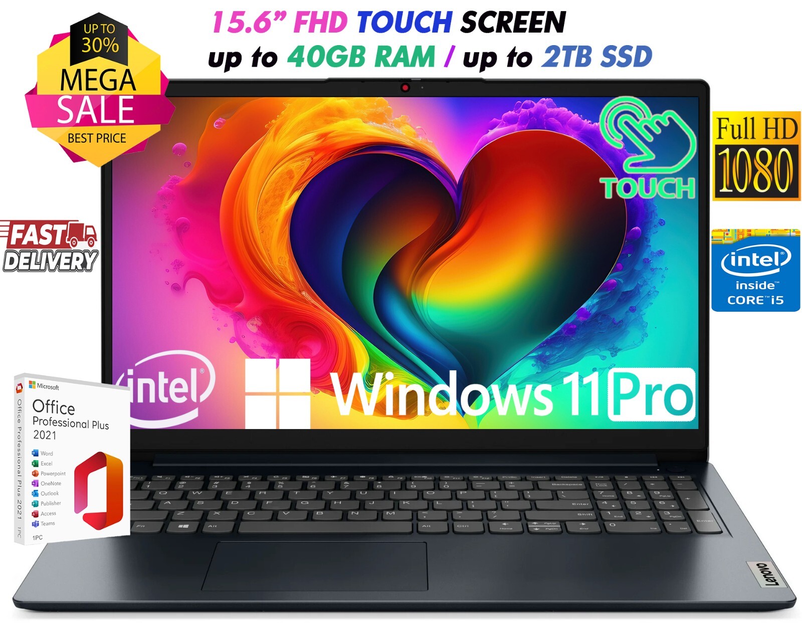 Lenovo Laptop 15.6″ TOUCH Intel i5-1235U Upto 40GB RAM &2TB SSD Win11 Pro+OFFICE