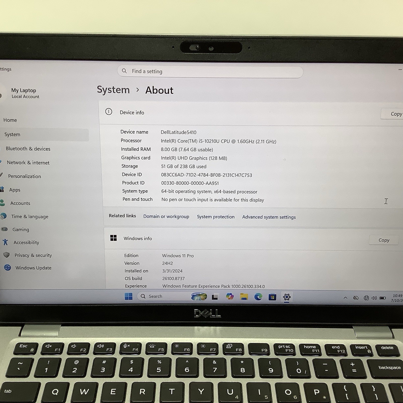 Dell Latitude 5410 10th Gen 14″, i5-10310u, 8GB DDR4, 256GB NVME, Win 11, Wi-Fi