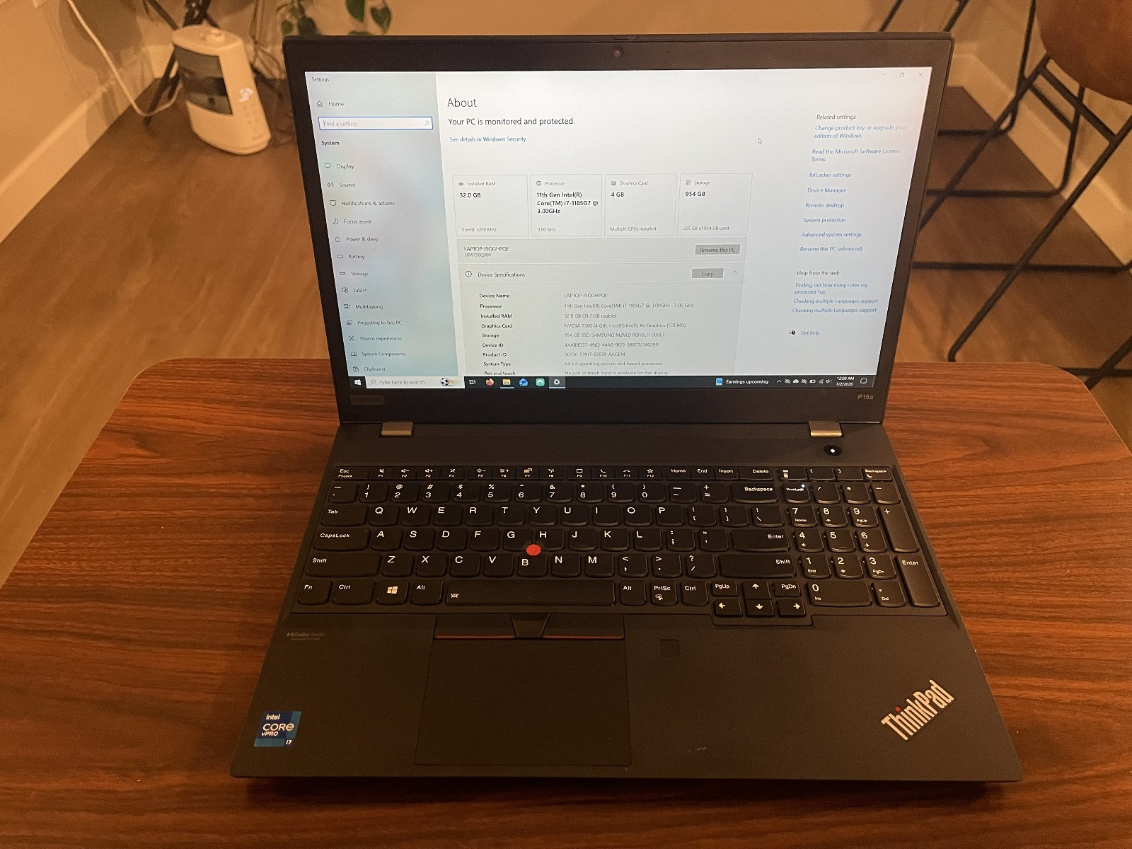 Lenovo ThinkPad P15S Gen 2 i7-1185G7 3.0GHz 954GB SSD 8GB DDR4
