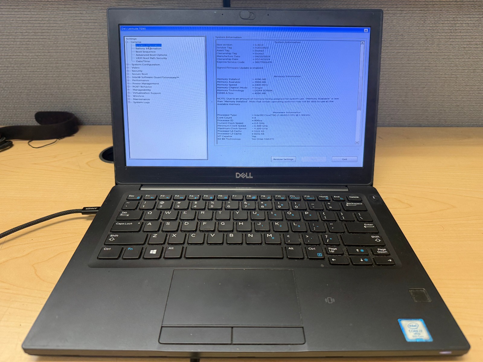 Dell Latitude 7290 11″ i7-8650U, 4GB DDR4, No SSD, Boots to BIOS, No OS