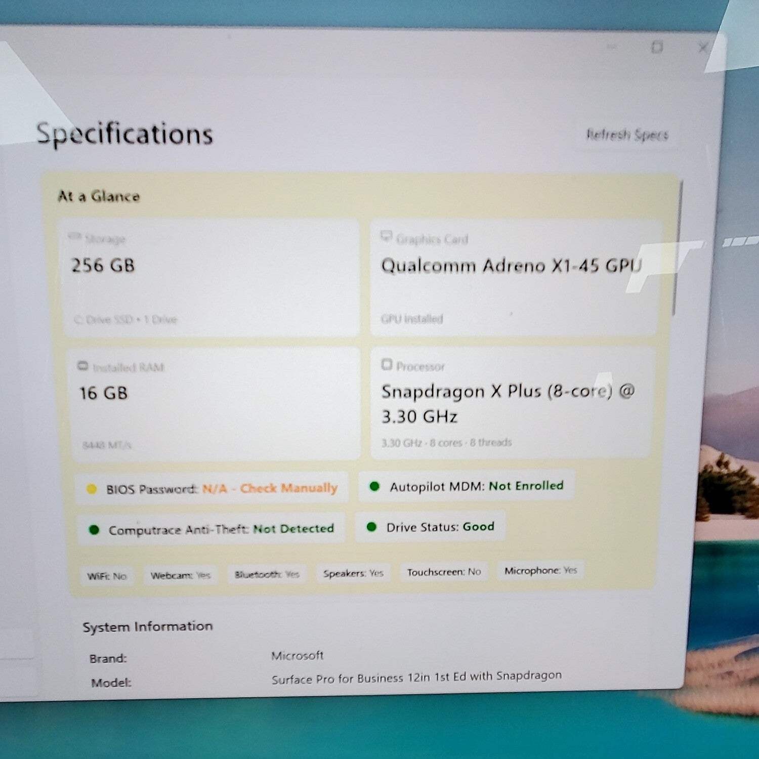Microsoft Surface Pro 2109 12″ Snapdragon X Plus 3.3GHz 16GB RAM 256GB SSD