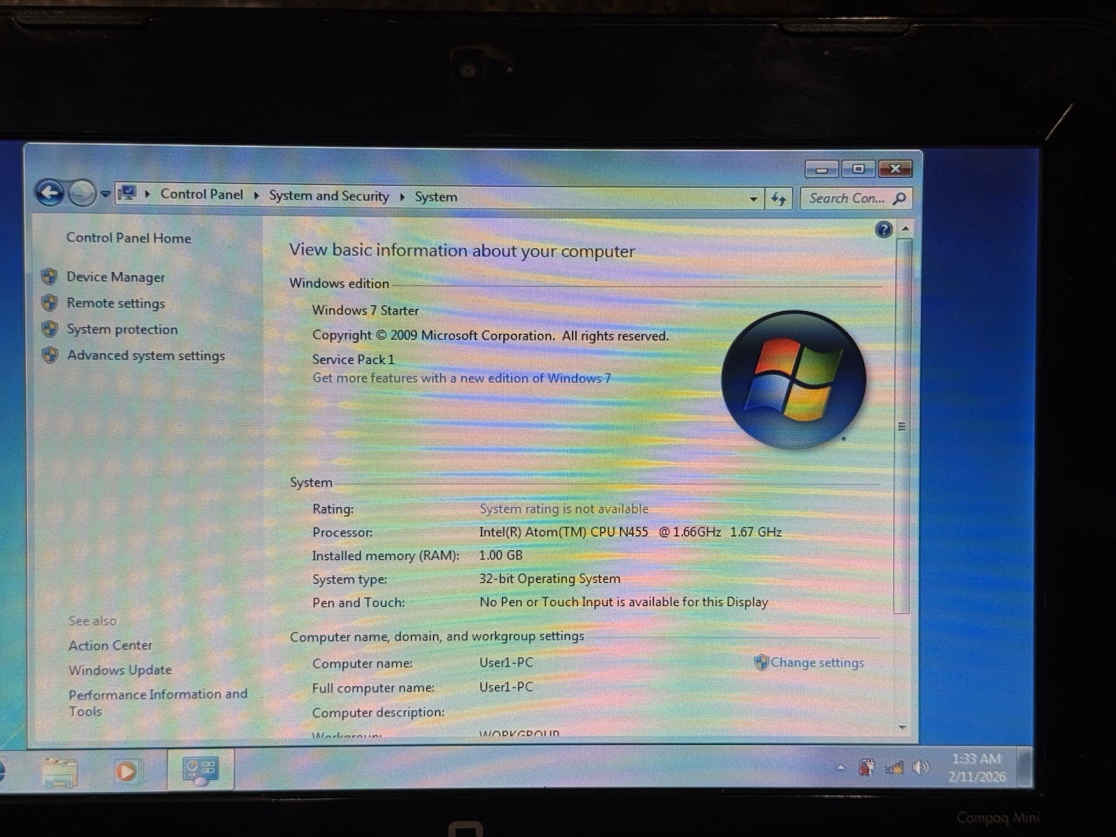 HP Compaq Mini CQ10-600 Netbook Intel Atom 1.66GHz 1gb RAM 320gb HDD Windows 7