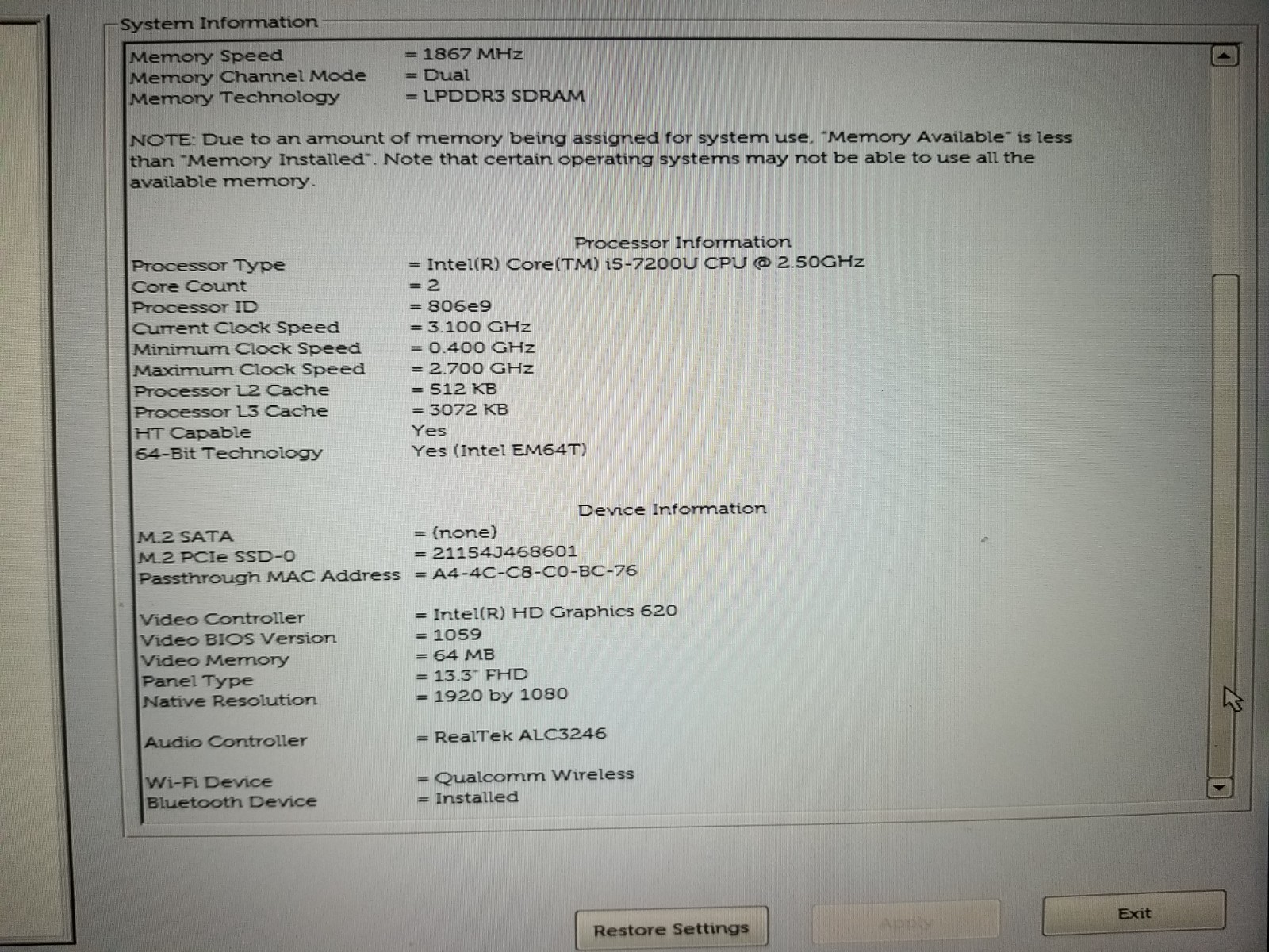 Dell XPS 13 9360 Intel Core i5-7200U @2.50GHz 8GB RAM 256GB SSD W11P *PARTS