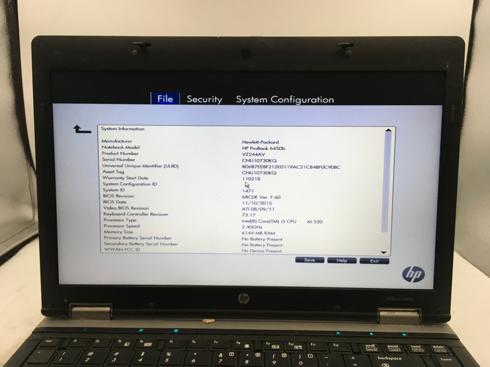 HP PROBOOK 6450B – BOOTS TO BIOS – INTEL I5 M520 – 2GB RAM – READ DESC – BB