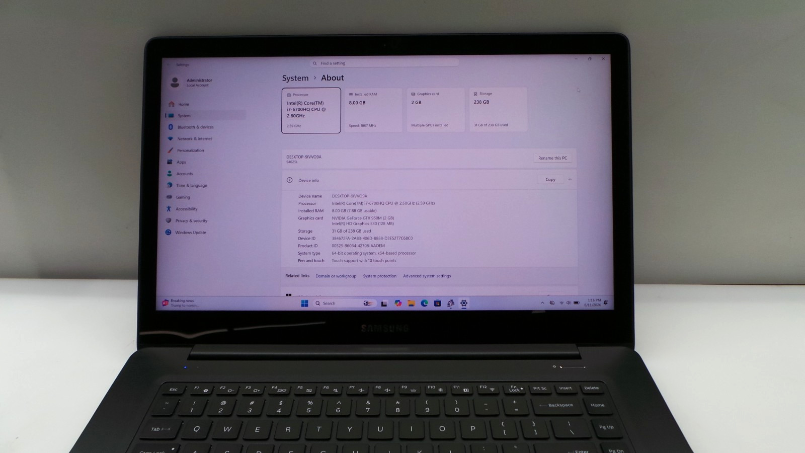 Samsung Notebook NP940Z5L | 15.6″ | i7-6700HQ | 8GB 256GB SSD | Touchscreen