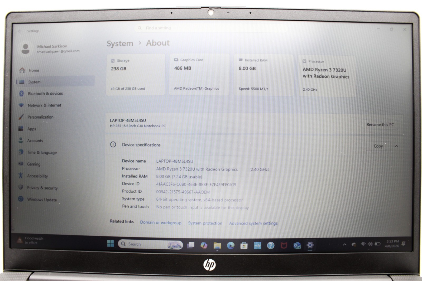 HP 255 G10 15.6″ Laptop Ryzen 3 7320U 8GB RAM 256GB SSD Windows 11 Home