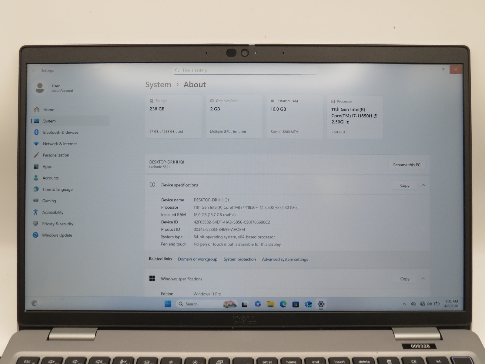 Dell Latitude 5521 | i7-11850H @ 2.5GHz | 16GB / 256GB | MX450 | 15.6″ | Win 11