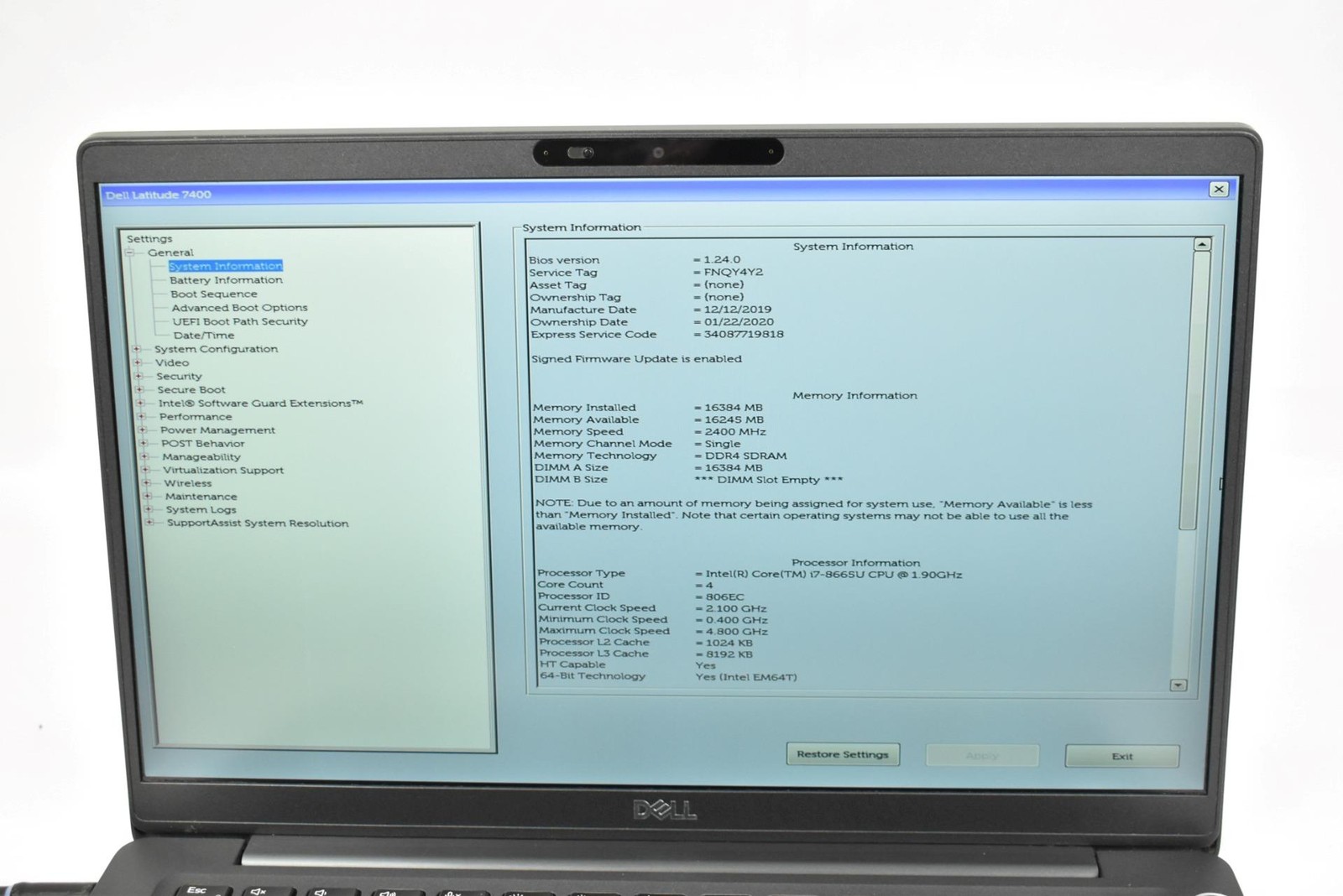 Dell Latitude 7400 Laptop i7-8665U 1.9GHz 16GB 256GB SSD No OS 14″ *See Issues*