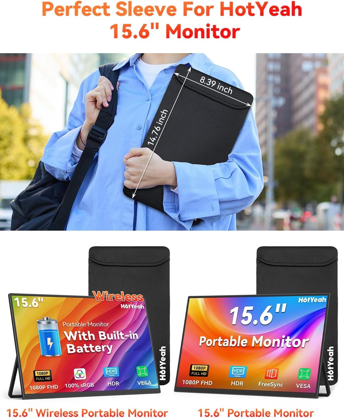 15.6″ Neoprene Sleeve Bag for Portable Monitor, Water-Resistant Laptop Cover Cas