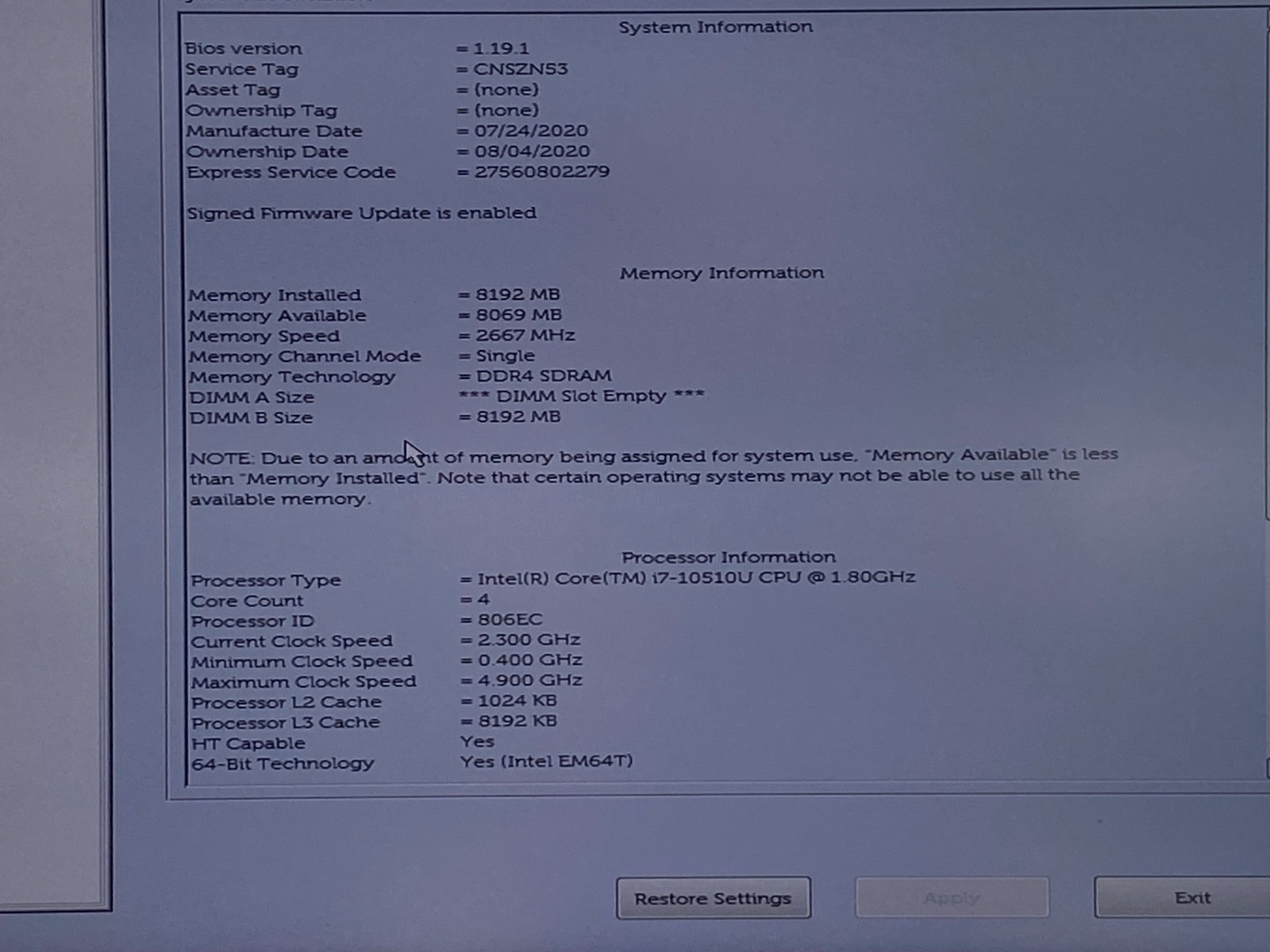 DELL PRECISION 3550 i7-10510U@1.80GHz 8GB NO SSD/OS BIOS TESTED *READ