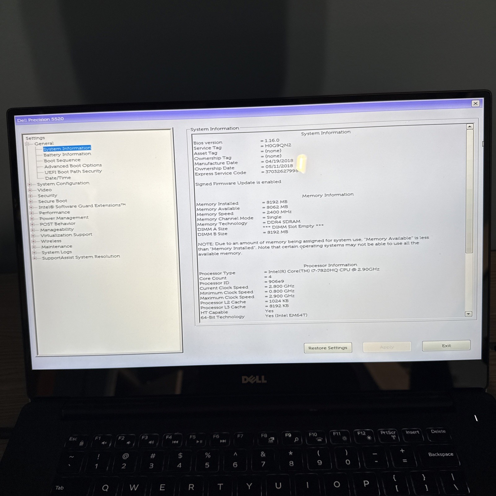 Dell Precision 5520 i7-7820HQ CPU 8GB RAM NO SSD No OS Laptop
