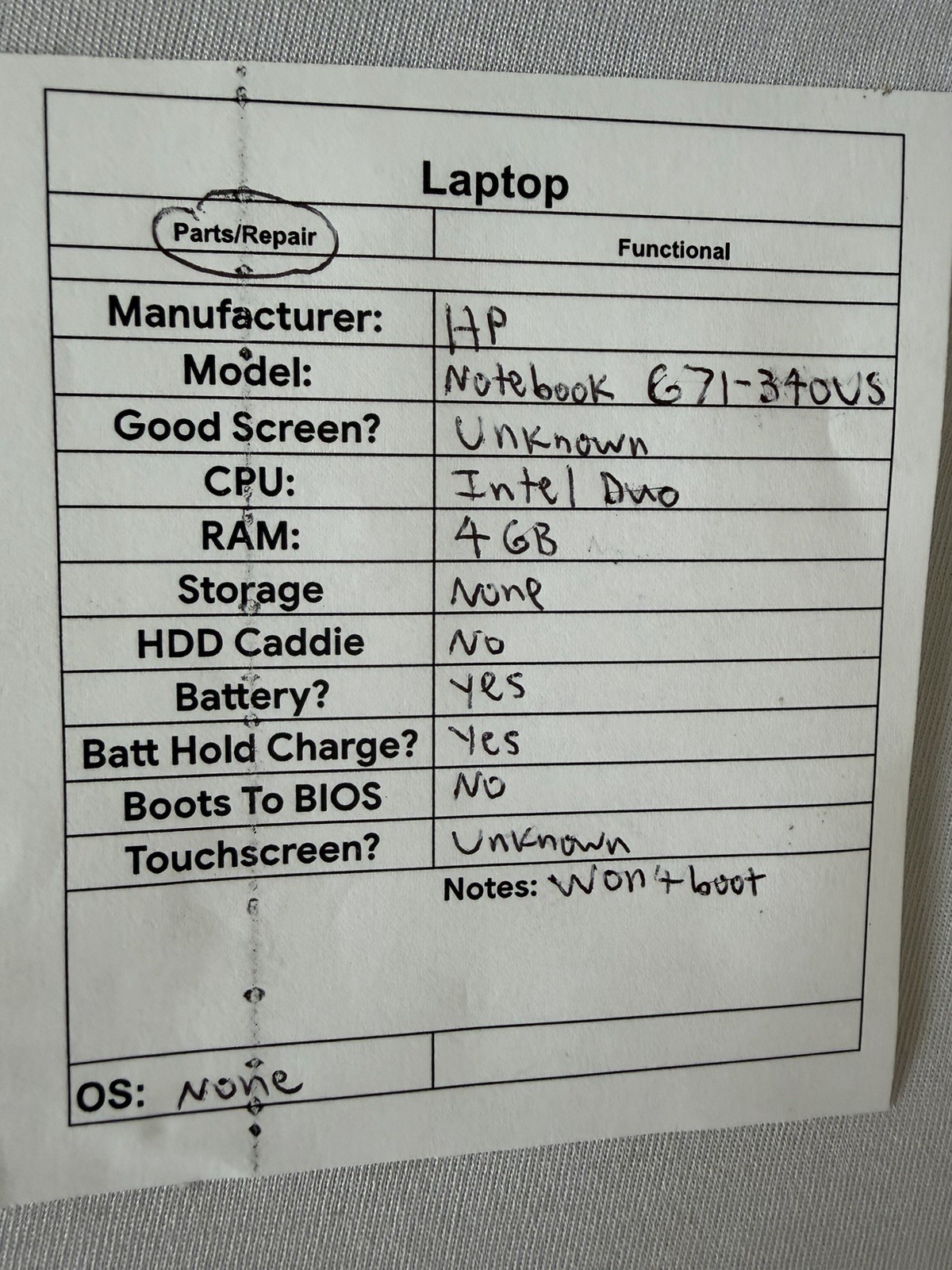 HP Notebook G71-34OUS Laptop – Intel Duo – RAM 4 GB – No Storage – Read Des