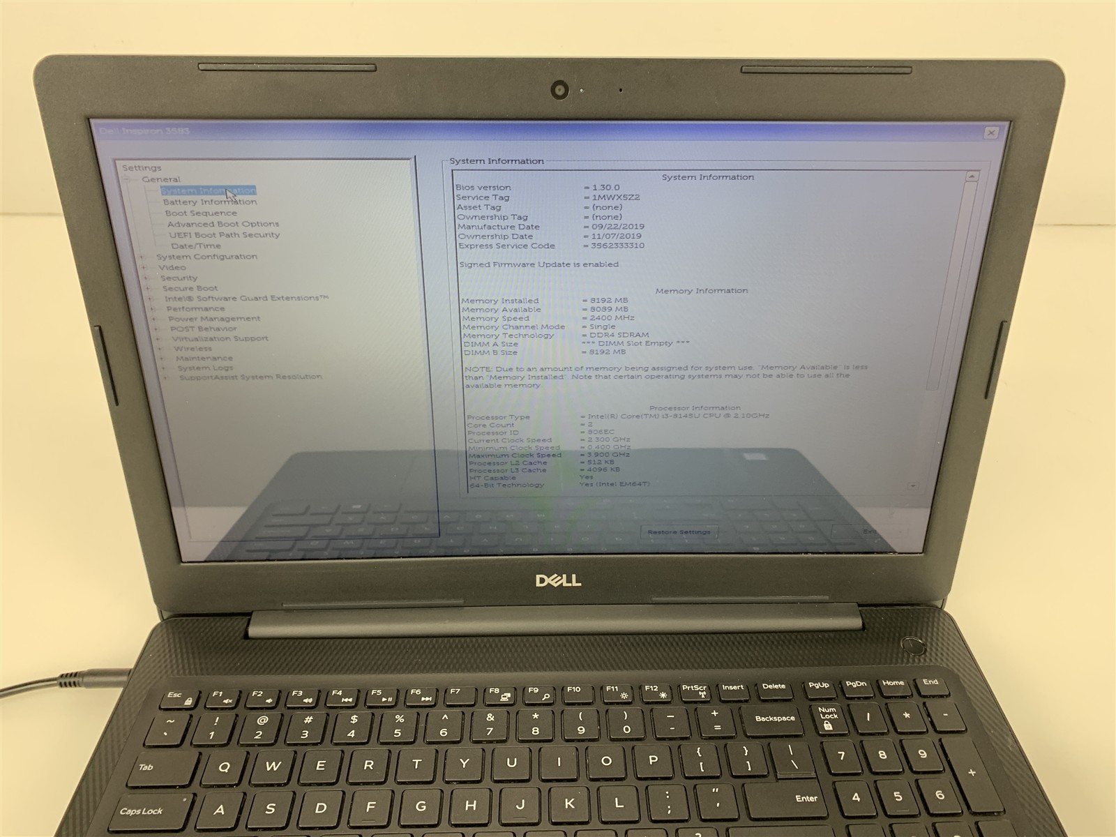 Dell Inspiron 3583 Intel i3-8145U 2.10GHz 8GB RAM 128GB NVMe Win 11 Home 15.5″