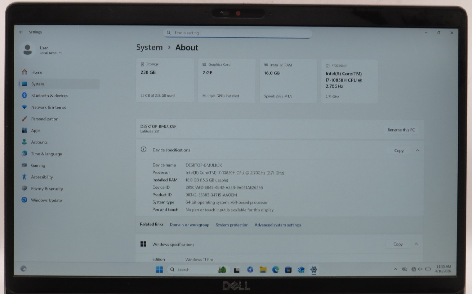 Dell Latitude 5511 i7-10850H 16GB DDR4 256GB M.2 Win11 Pro w/AC