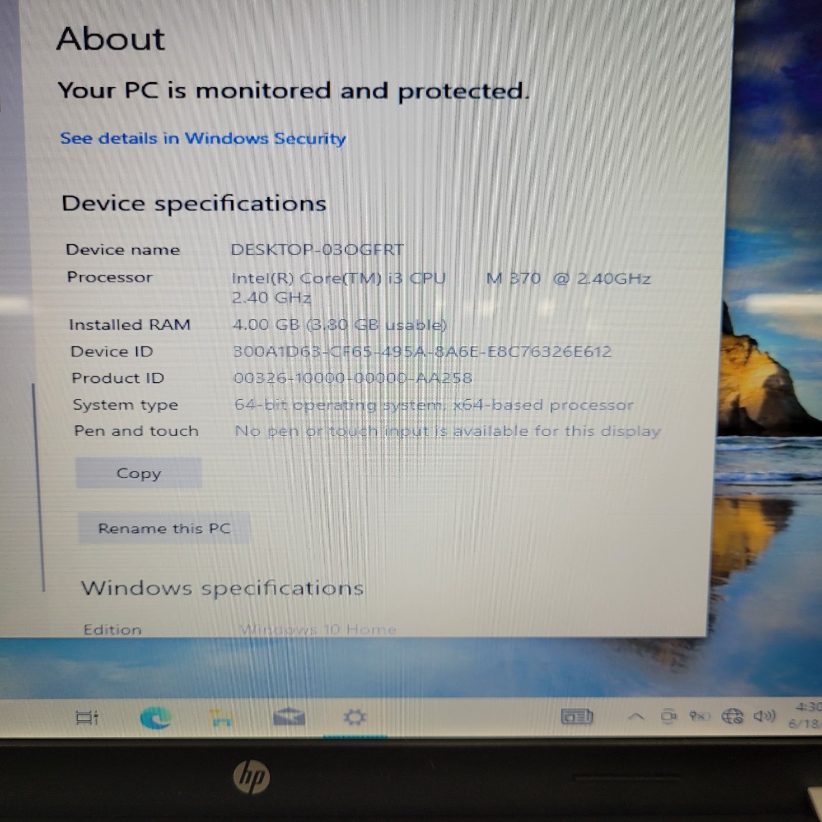 HP Pavilion G7-1156nr / Intel i3-M370 @2.40GHz / 4GB RAM / 500 GB HDD Windows 10