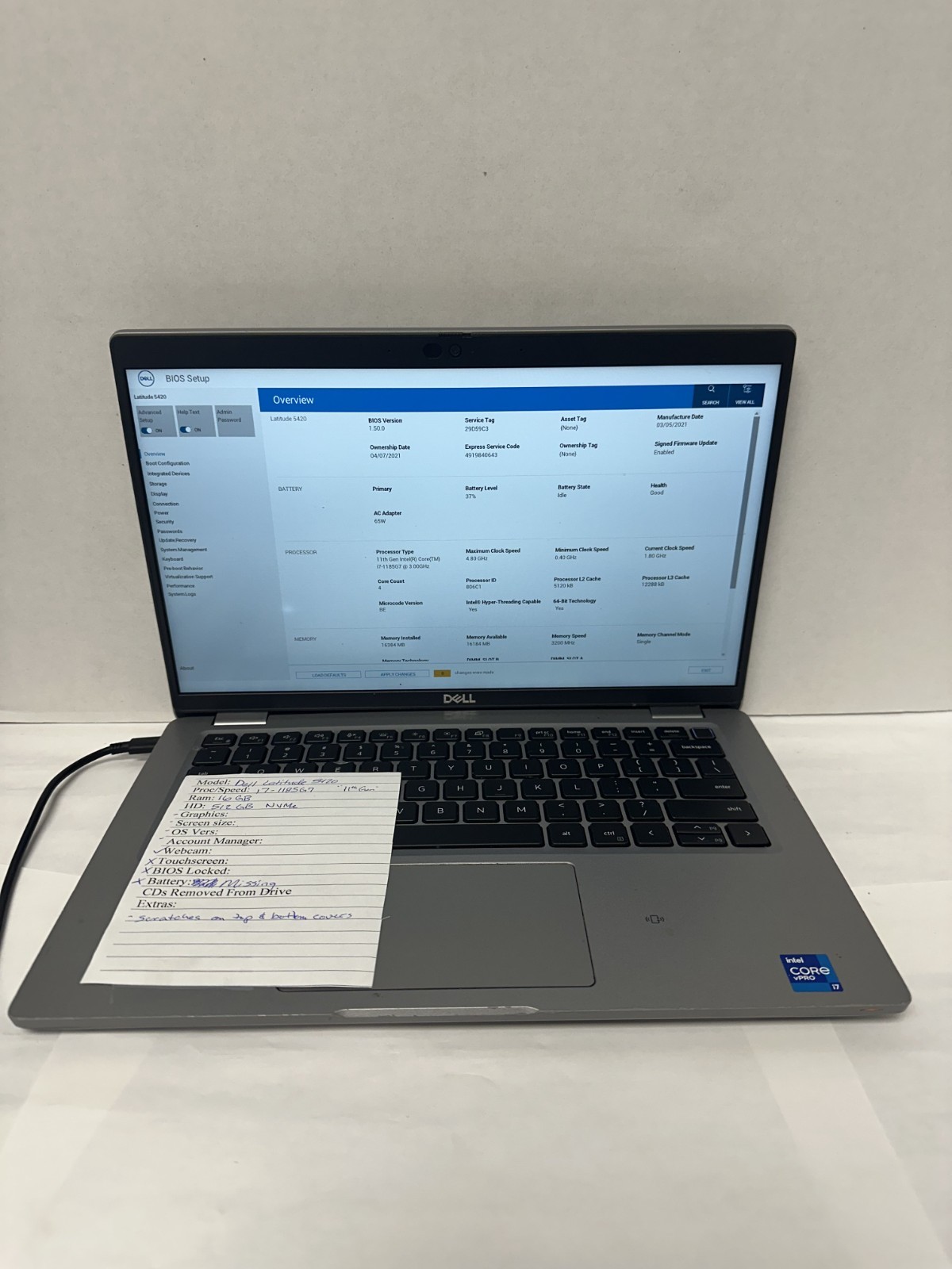 Dell Latitude 5420 i7-1185G7/16GB RAM/512GB NVME (No OS or Charger)